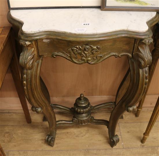 A small Louis XV style gilt carved wood marble topped serpentine fronted console table W.70cm
